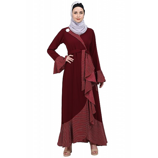 Designer abaya with Polka dotted frills- Maroon